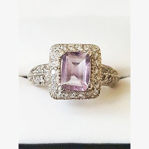 Amethyst Emerald Cut Center Stone Silver Ring 1