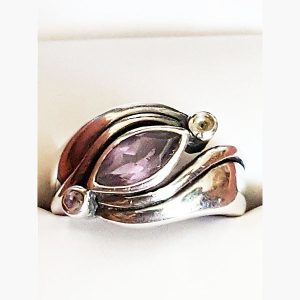 Amethyst Marquis Center Round Side Stone Silver Ring 1