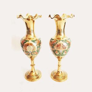Brass Green Enameled Bud Vase 6426 Set 1