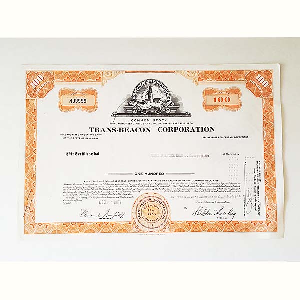 Trans-Beacon Corp Common Stock Certificate 1