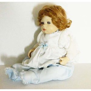 GUM DROP Porcelain Doll, Brown Color Hair, Light Blue Dress